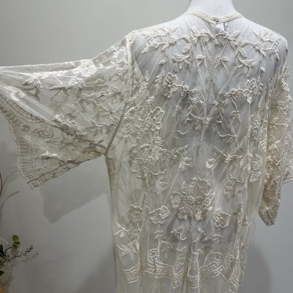 Womens Kimono Duster Cream Sheer Lace Embroiderd Whimsical Boho Indie Floral - Picture 4 of 7
